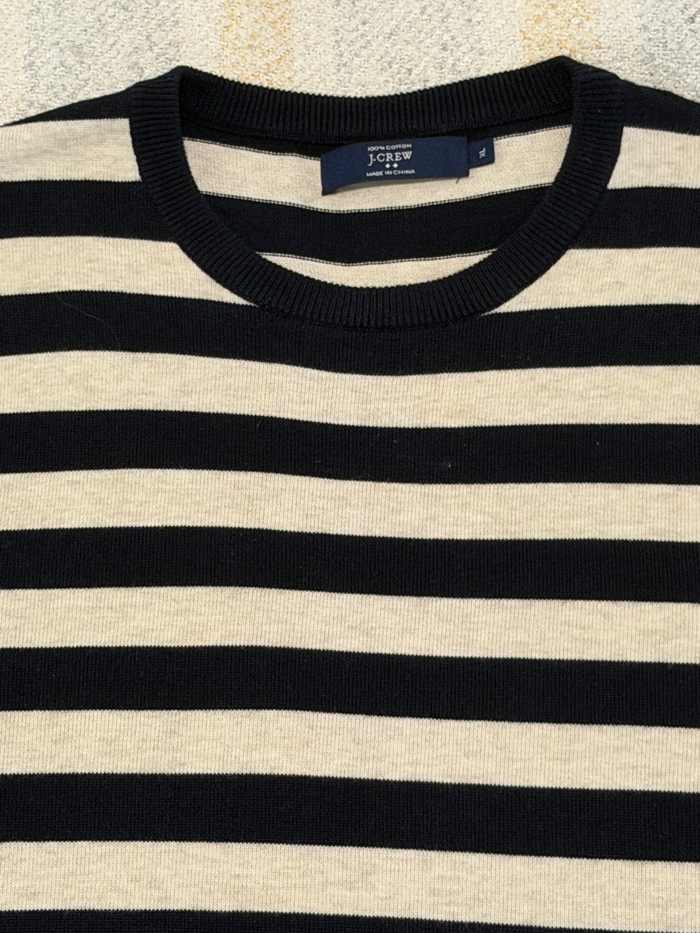 J. Crew Men's Black and Cream Striped Crewneck Sweater - Picture 2 of 3
